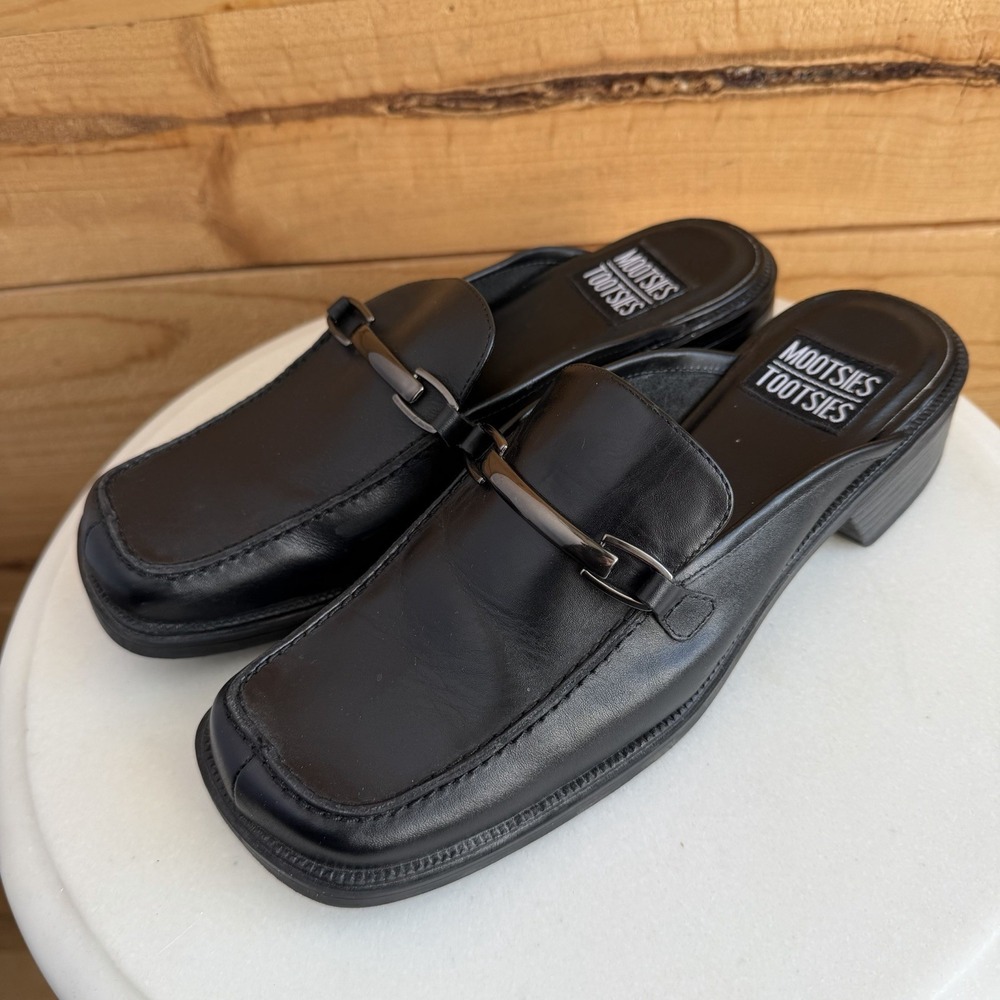 VTG 90s Horse Bit Slide Loafers Black Mootsies Tootsies Square Toe Old Money 9M